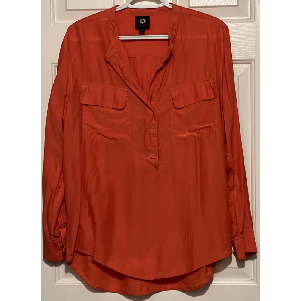 Amber Sun Women's Orange Long Sleeve 3/4 Button Front 37% Silk Blouse Size‎ L